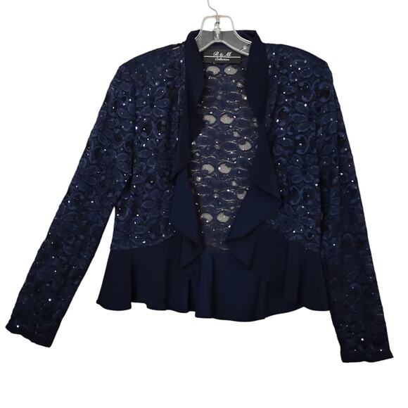 R&M Lace Sequins Open Cardigan Size Small Dark Blue Long Sleeve Ruffle - Picture 4 of 9